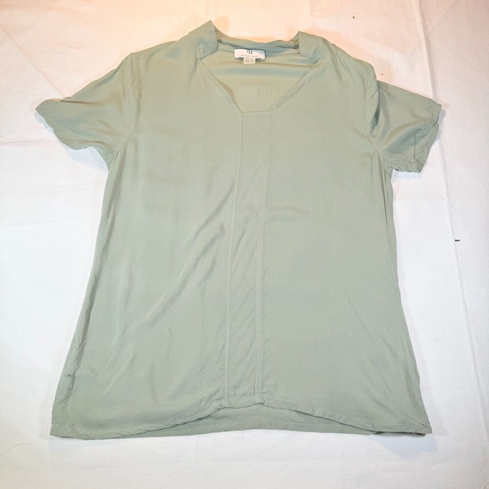 Peter Hahn Womens Sage Green V-Neck Short Sleeve Blouse Top Viscose Size US 10